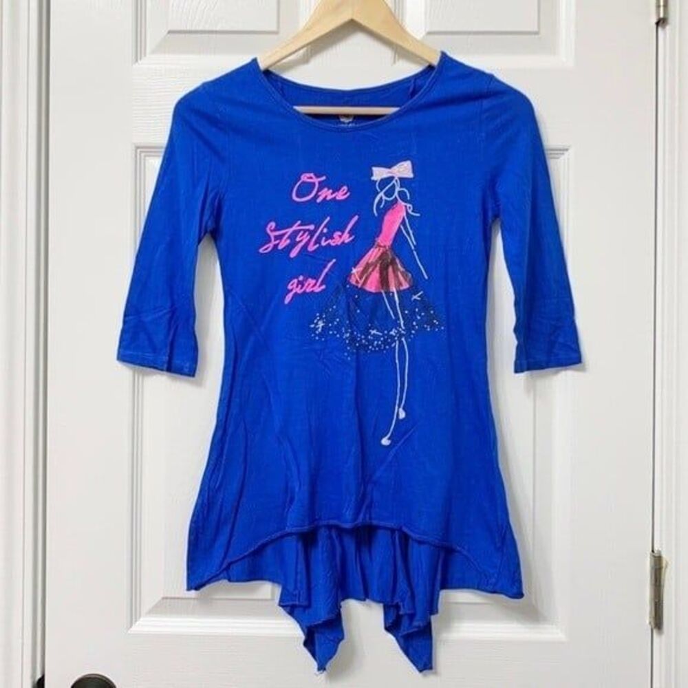 2/$15! Total Girl Stylish Girl Graphic 3/4 Sleeve Blue Top Fish Tail Back XL 16